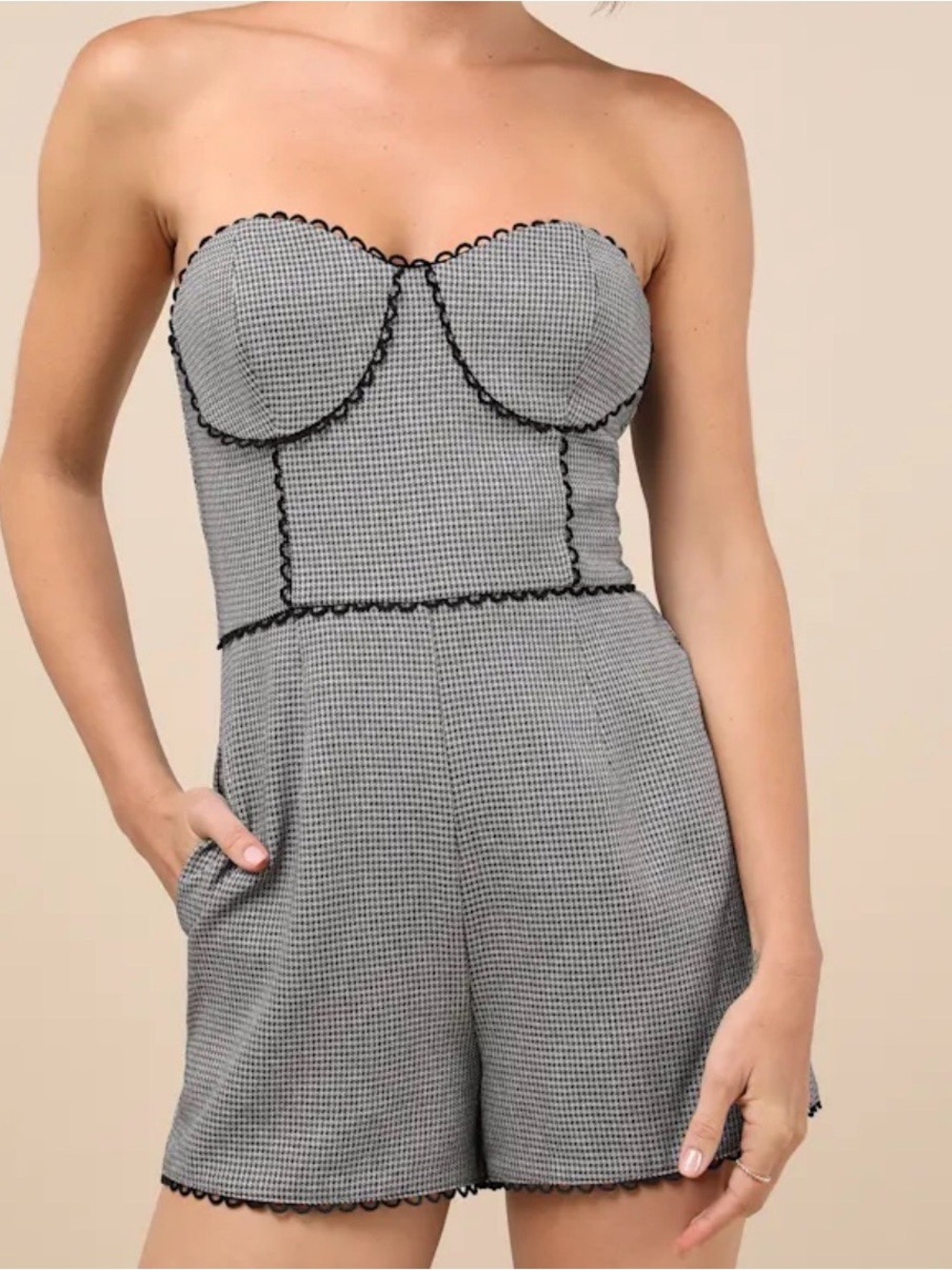 Lulus NEW Sophisticated Attitude Grey Houndstooth Strapless Bustier Romper S